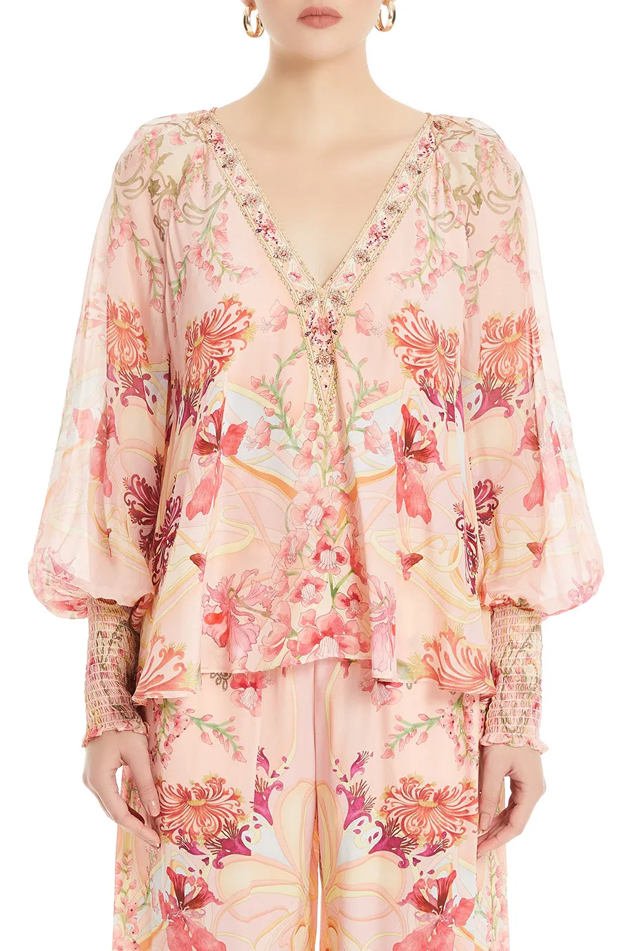 Shirred Cuff Floral Blouse