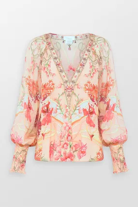 Shirred Cuff Floral Blouse