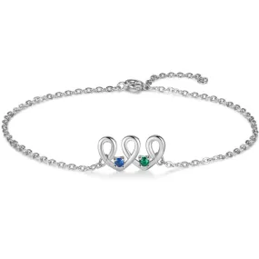 Silver 2 Birthstone Looping Hearts Mother's Bracelet - Custom Mom Bracelet 2 Stone