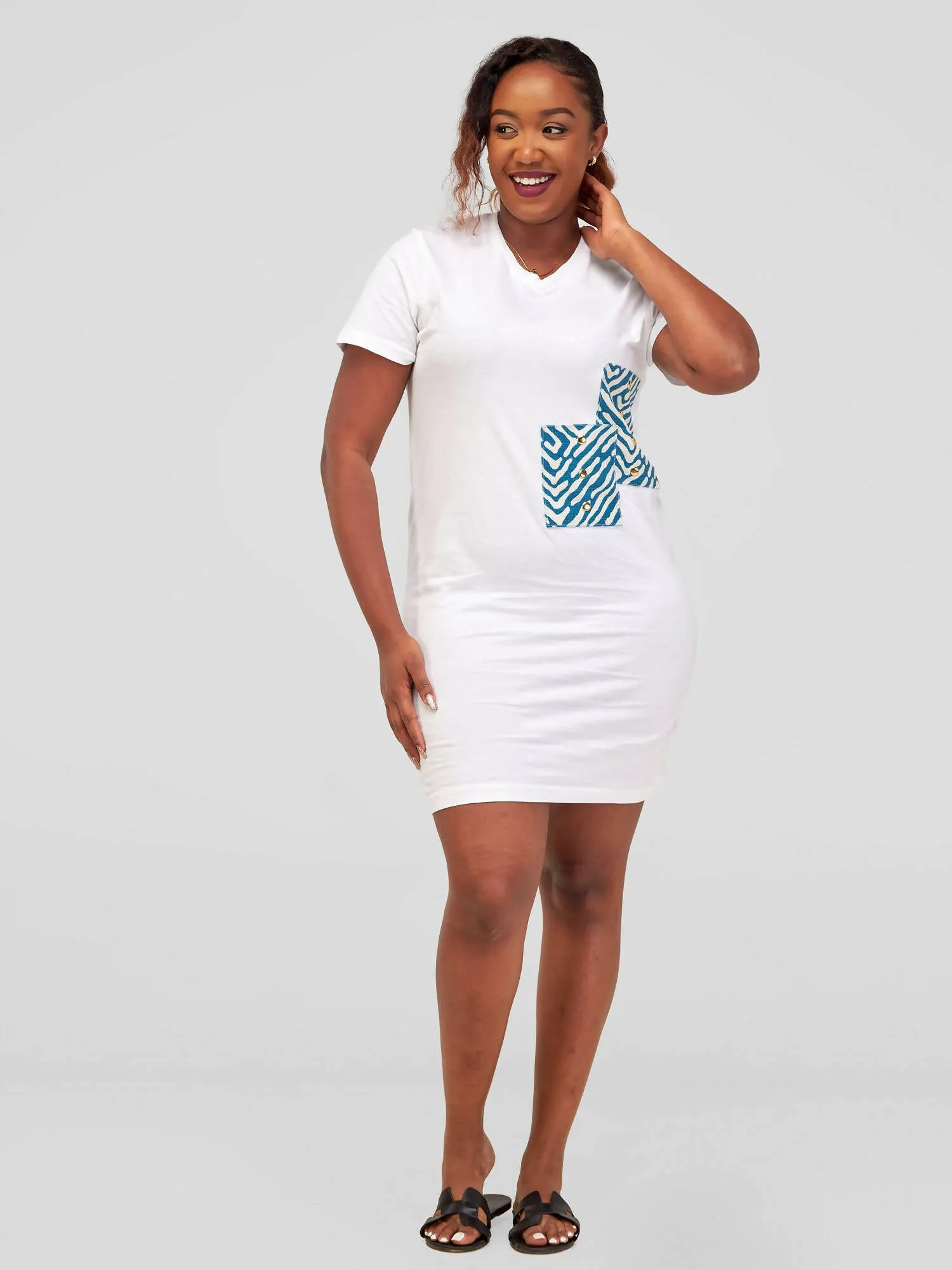 Vazi Afriq Cotton Jersey Blue - patched Dress - White