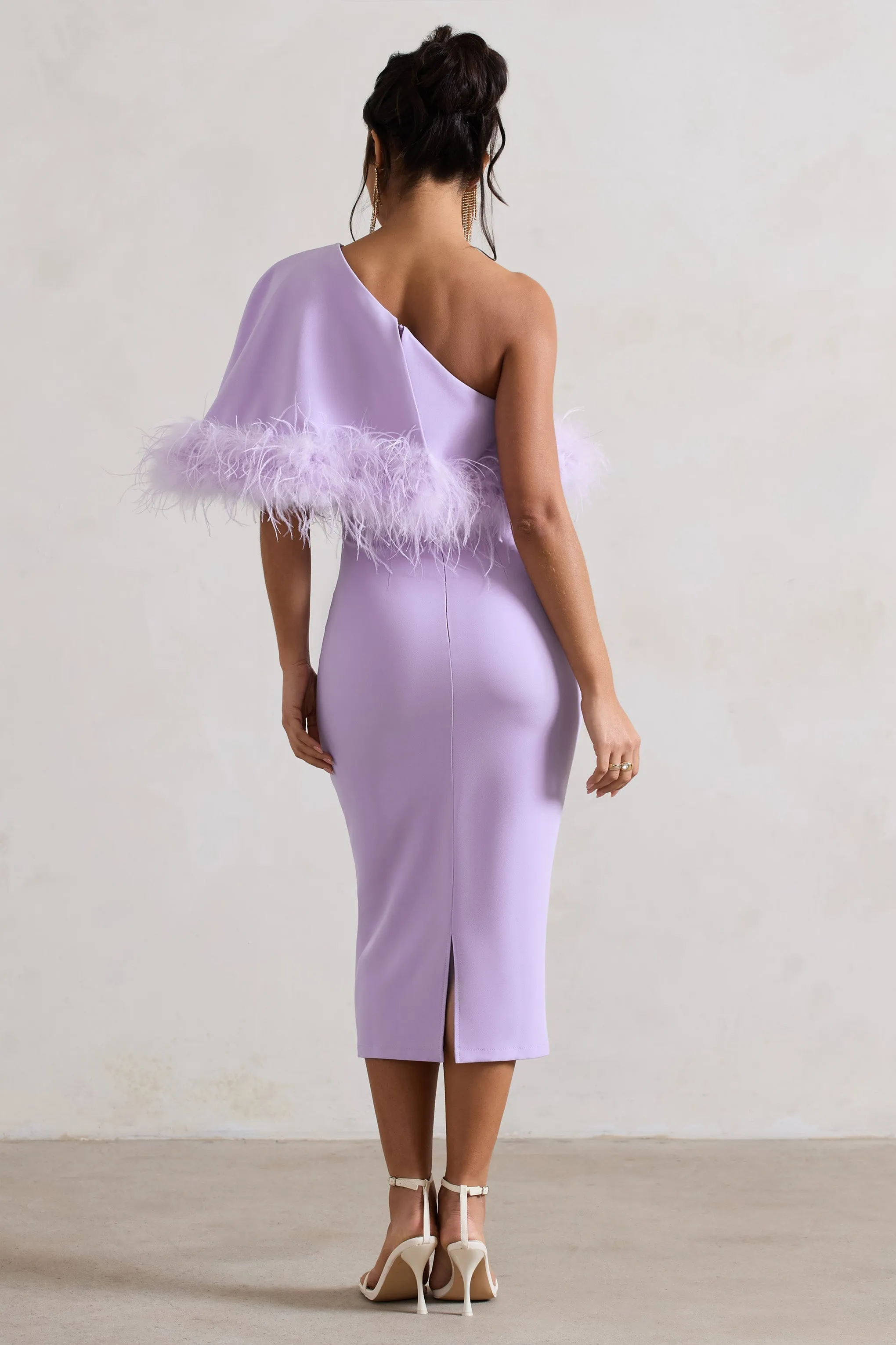 Victory | Lilac One Shoulder Midi Dress With Feather Trim