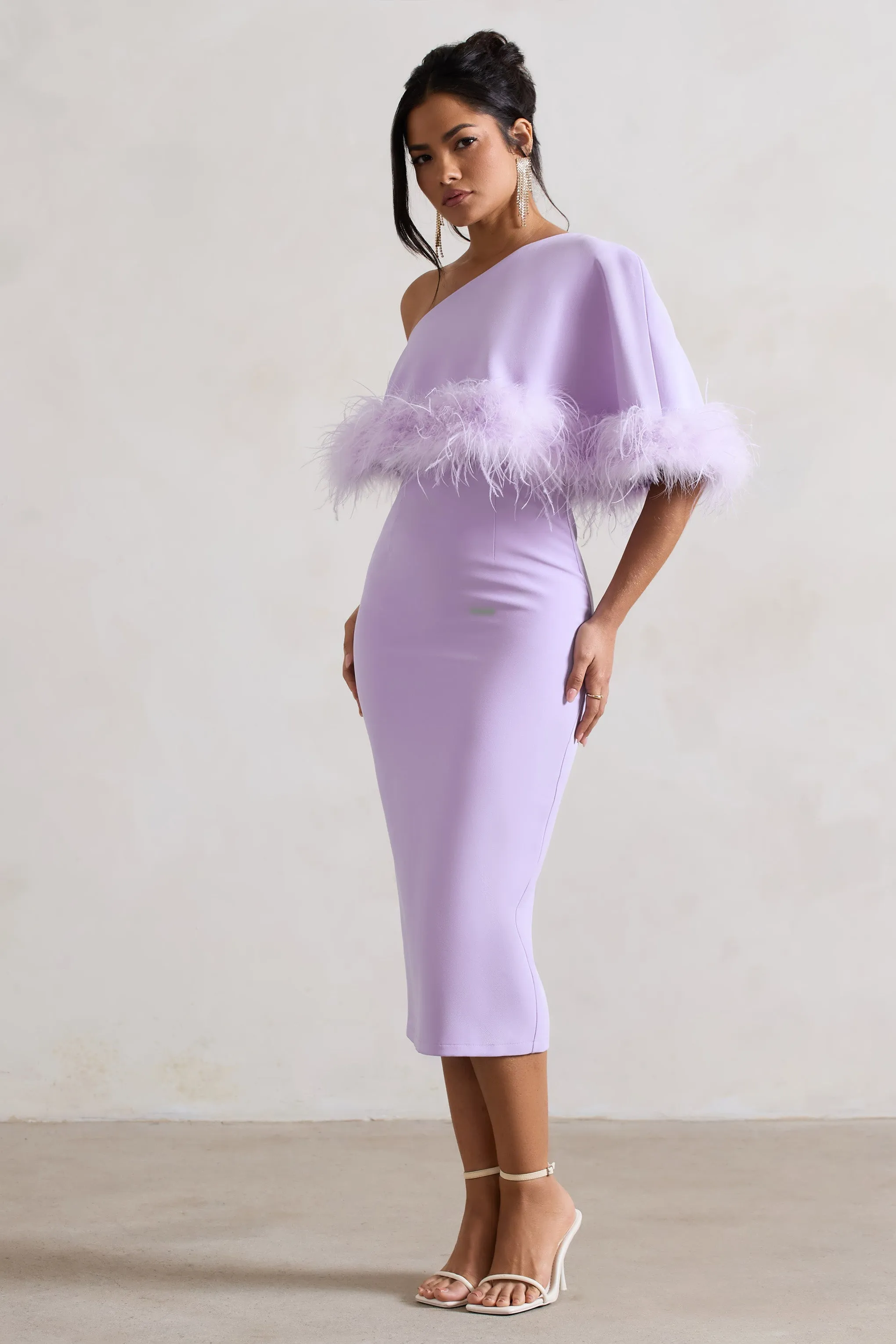 Victory | Lilac One Shoulder Midi Dress With Feather Trim