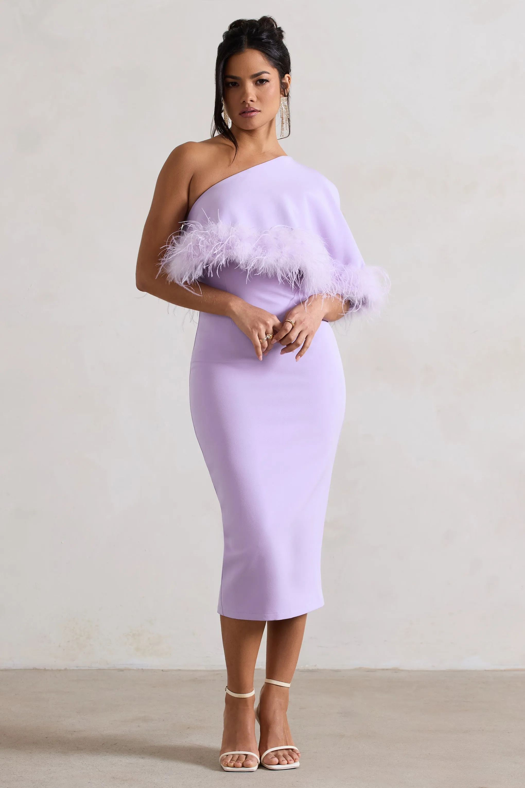 Victory | Lilac One Shoulder Midi Dress With Feather Trim