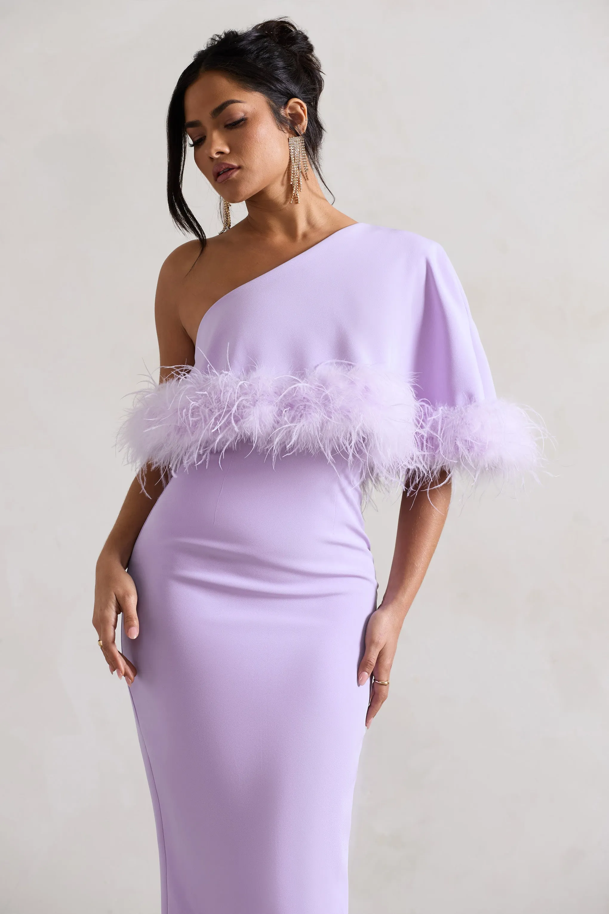 Victory | Lilac One Shoulder Midi Dress With Feather Trim