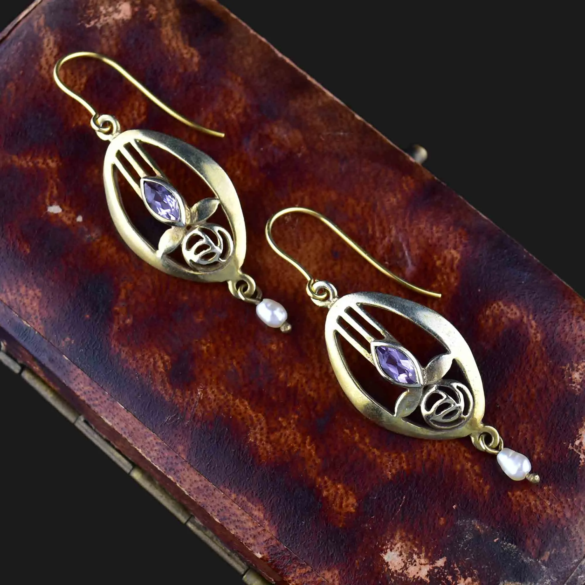 Vintage Arts and Crafts Style Amethyst Pearl Earrings