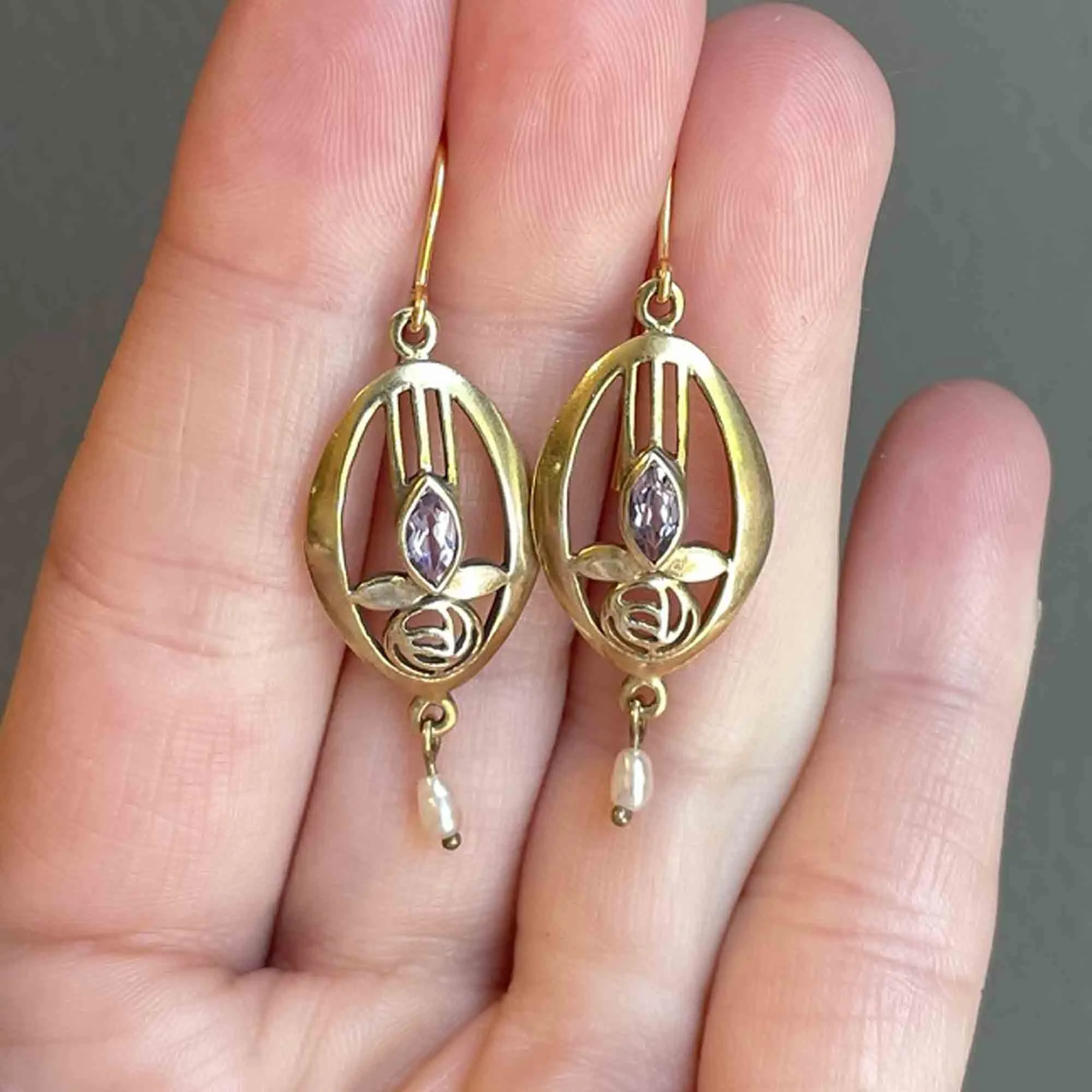 Vintage Arts and Crafts Style Amethyst Pearl Earrings